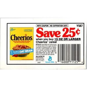 Save 25¢ When You Buy 15 Oz Or Larger Cheerios Mpls MN 1980s Coupon SAI1-M6